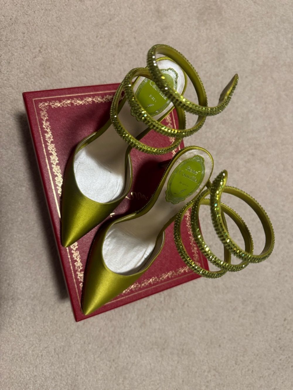 Rene Caovilla Chartreuse Satin Pointed-Toe Spiral Strap Pumps